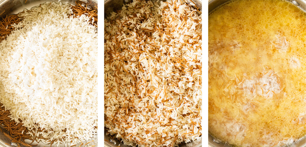 left: strained rice added to toasted vermicelli in post. center: rice and vermicelli mixed and toasted together. right: water covering rice and vermicelli.
