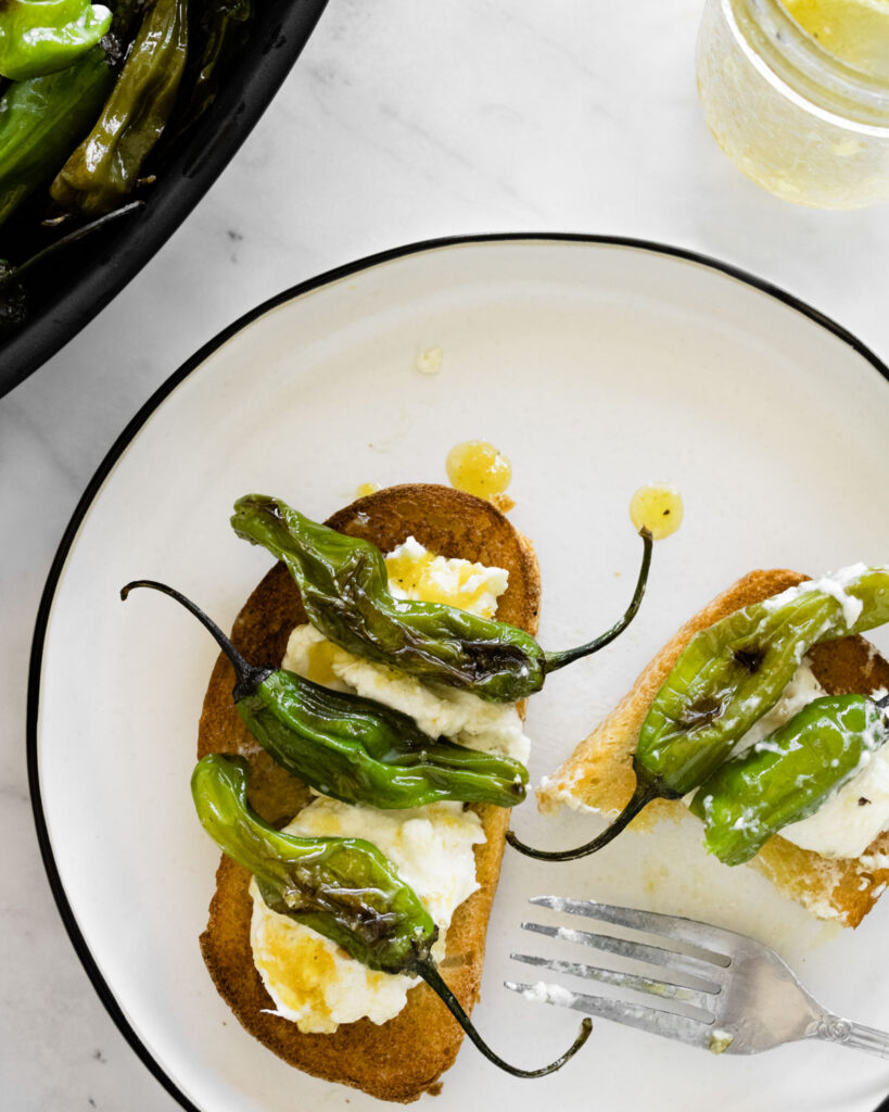 blistered shishito peppers and burrata on toasted sourdough bread with a drizzle of preserved lemon vinaigrette.