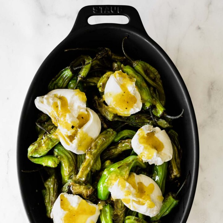blistered shishito peppers and burrata on drizzled with preserved lemon vinaigrette in a black oval platter.