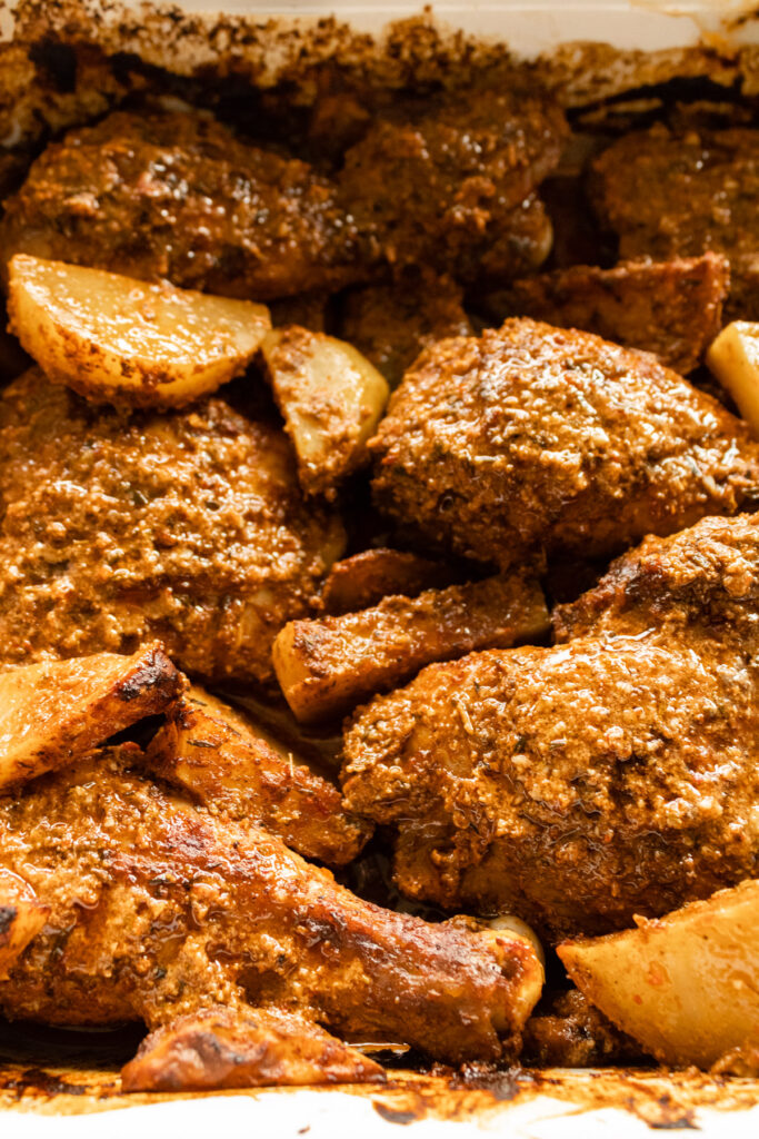 close-up of mediterranean chicken and potato bake