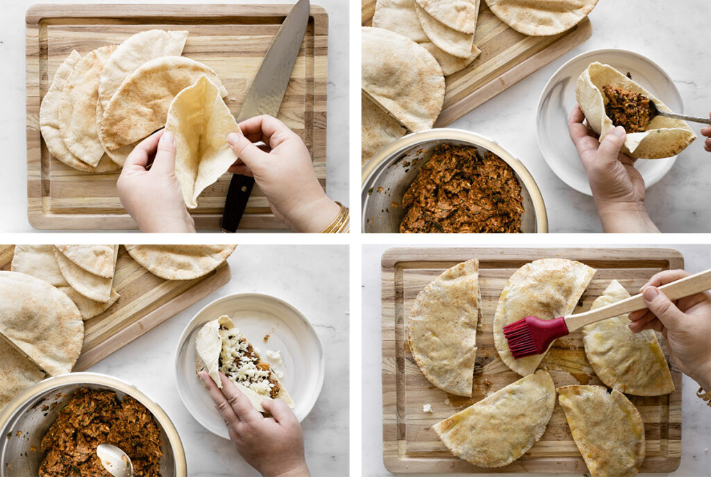 collage of how to assemble arayes with cheese before cooking.