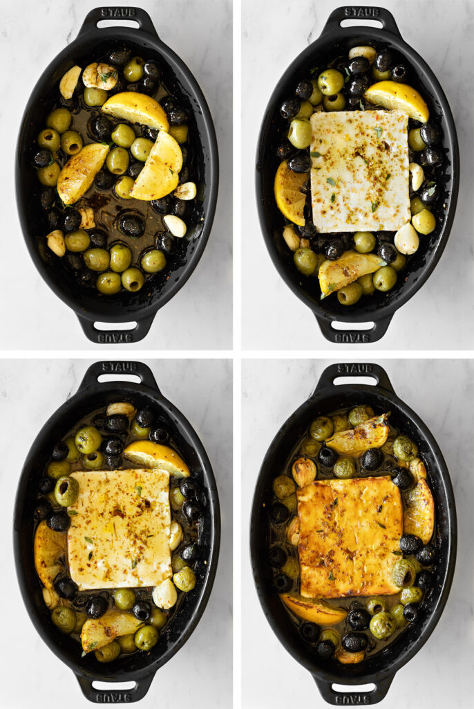 collage of how to make baked feta with olives and honey appetizer.
