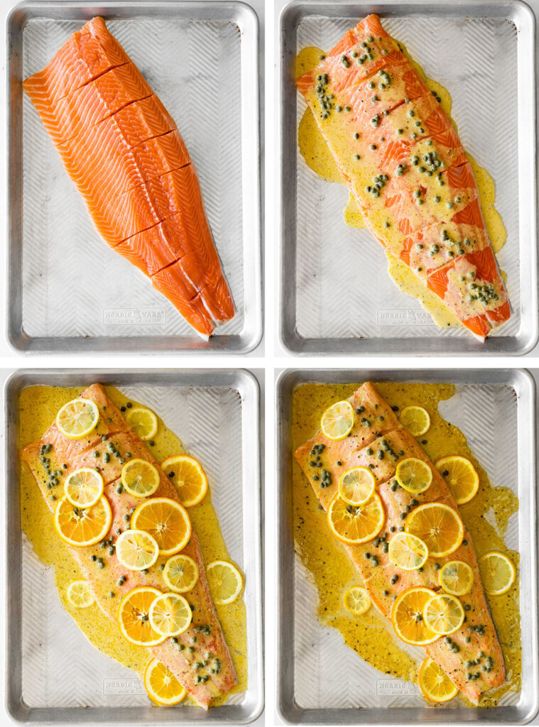 collage of how to make slow roasted salmon with citrus and capers in four steps.