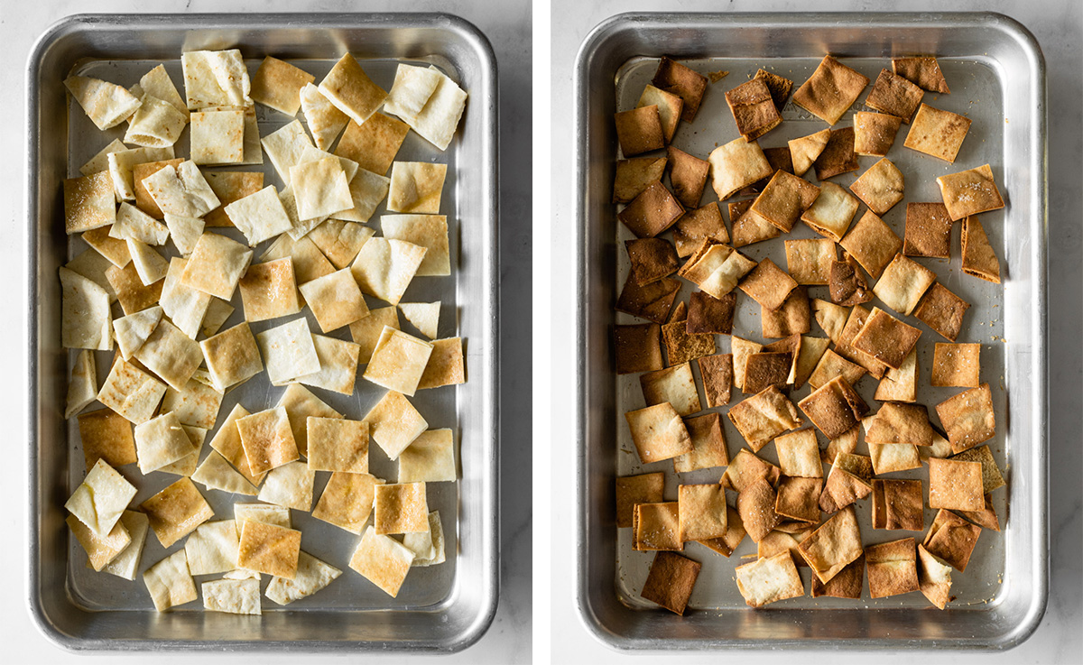 collage of how to make pita chips in a baking sheet.