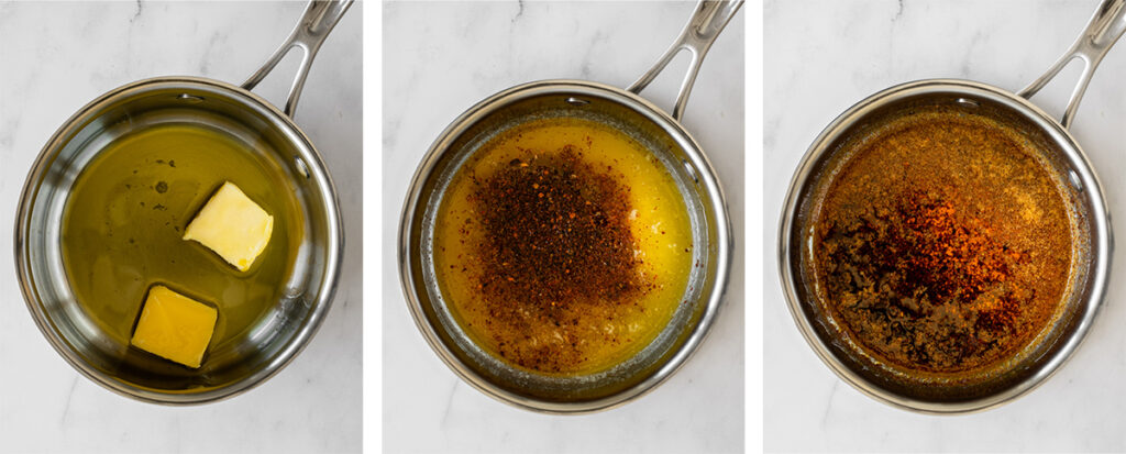 collage of how to make the cpicy oil for turkish eggs.