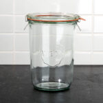 weck canning jar on a black marble counter.