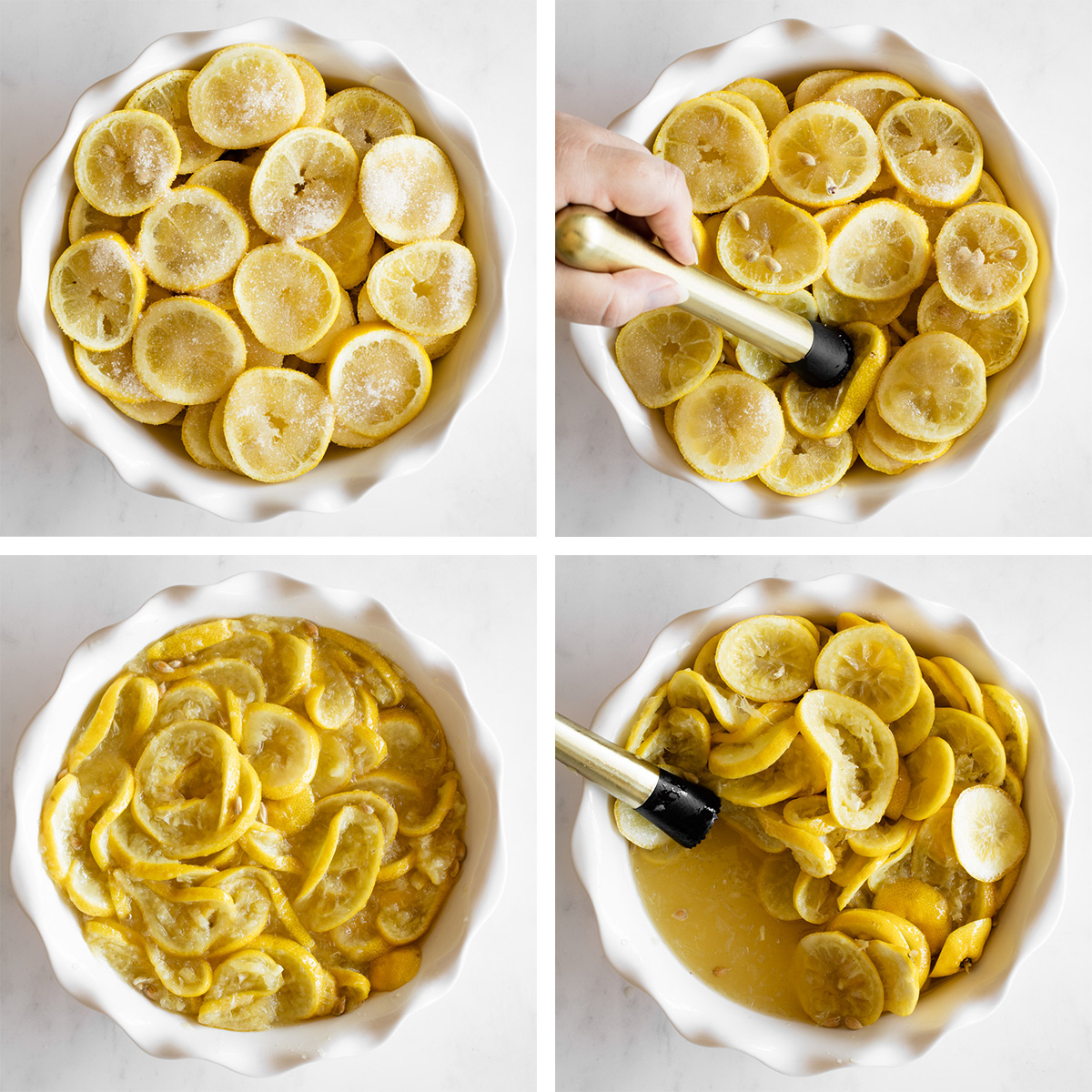 collage of how to macerate lemons with sugar for lebanese lemonade.