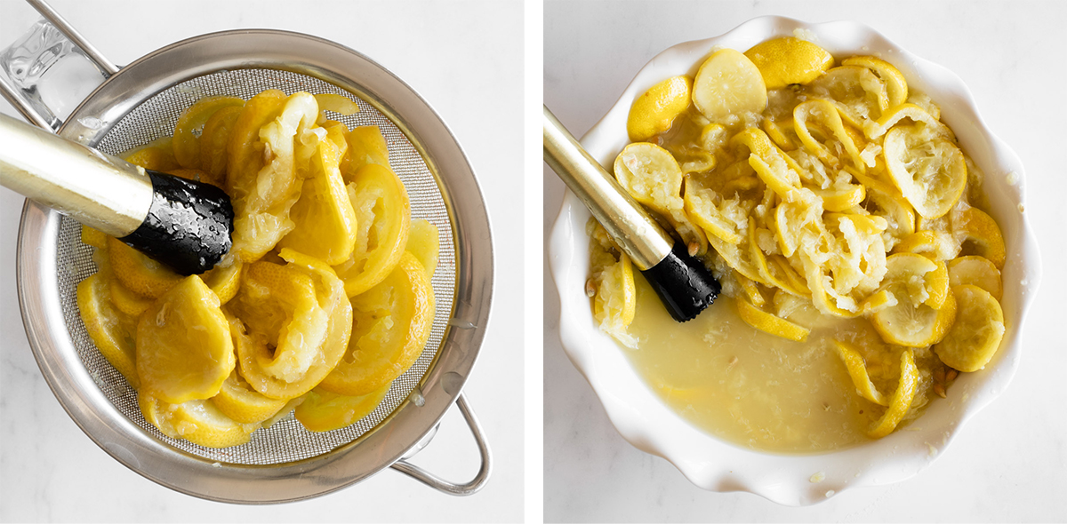 collage of how to strain the macerated lemons to make lebanese lemonade.