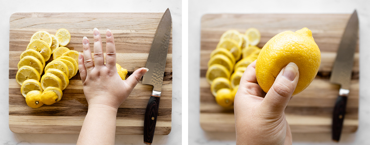 collage of how to roll and thinly slice the lemons for lebanese lemonade.