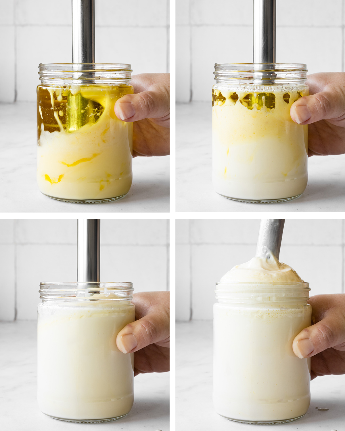 collage of how to make homemade mayonnaise in a jar with an immersion blender.