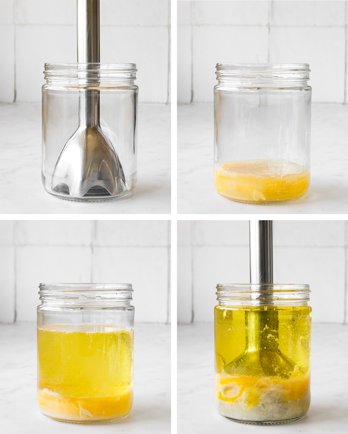 collage of how to make homemade mayonnaise in a jar with an immersion blender.