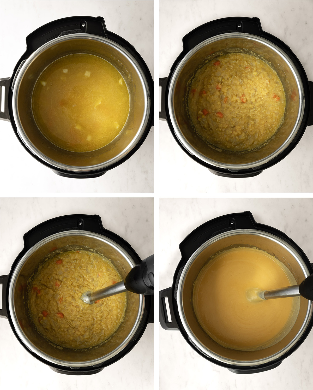 collage of how to blend the red lentil soup in the instant pot.