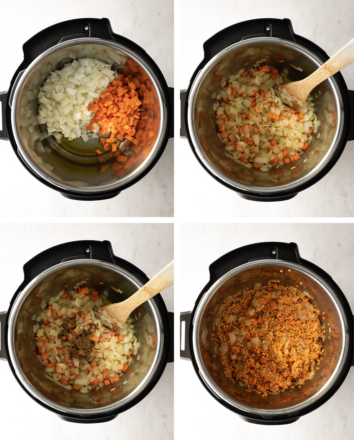 collage of how to prepare the instant pot red lentil soup.