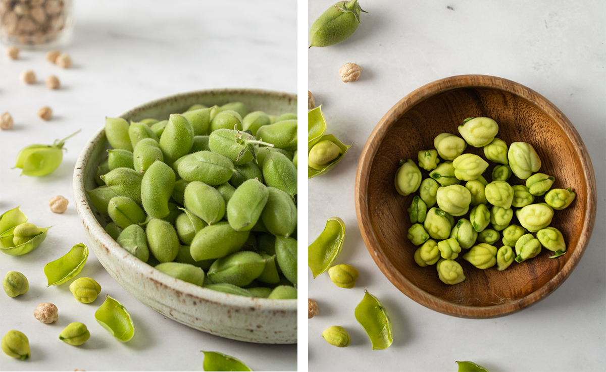 collage of fresh green chickpeas in their pods in a bowl.