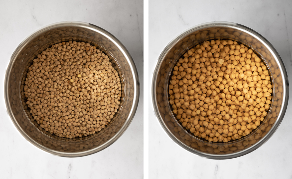 collage showing before and after of soaking dried chickpeas.