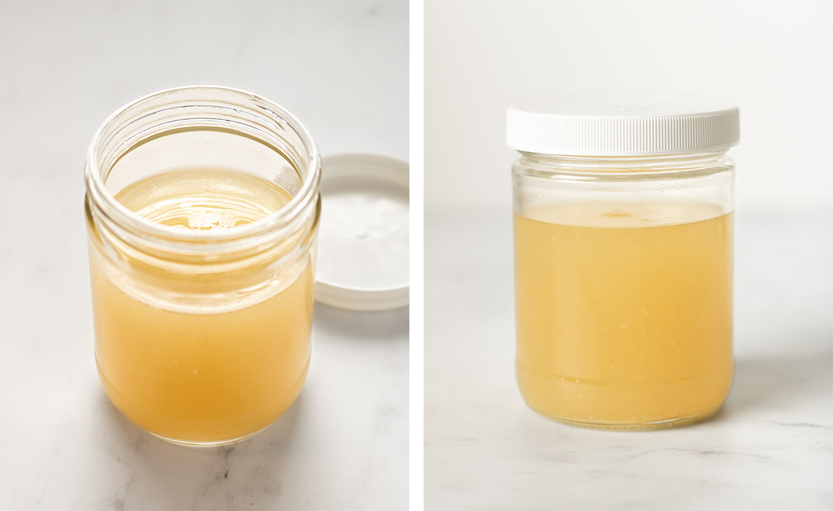 collage of chickpea aquafaba in a glass jar.