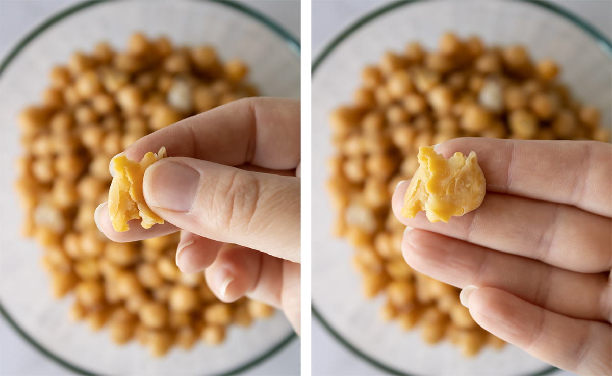 collage of fingers mashing a chickpea.