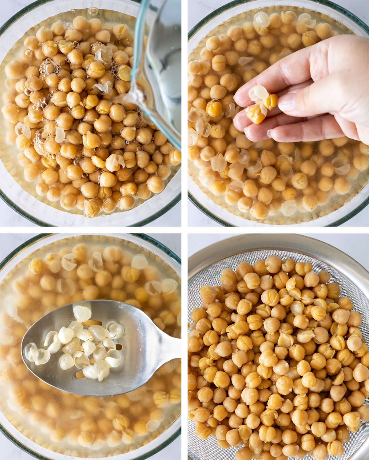 collage of how to remove chickpea skins in a bowl of water.