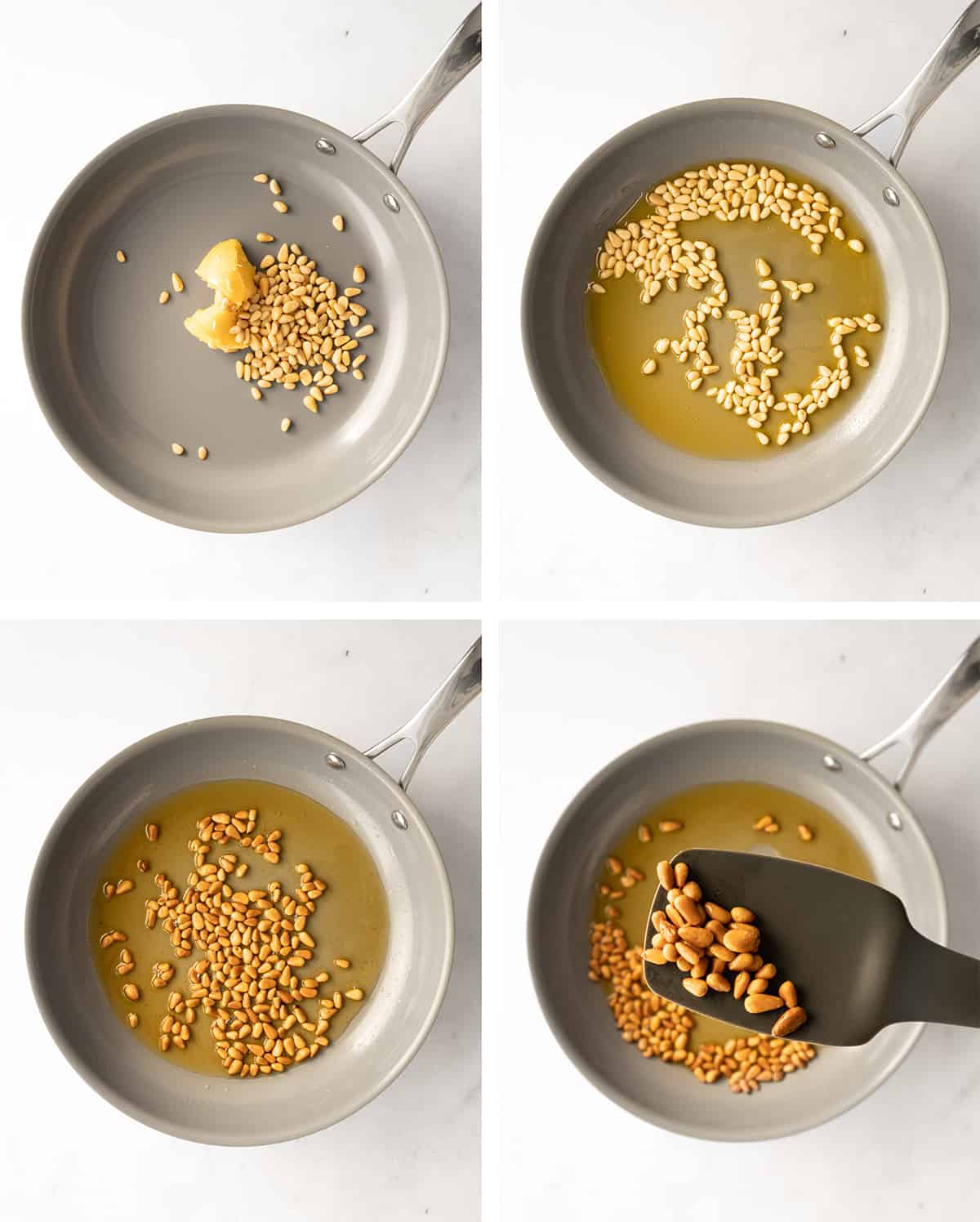 collage of how to toast the pine nuts in ghee.