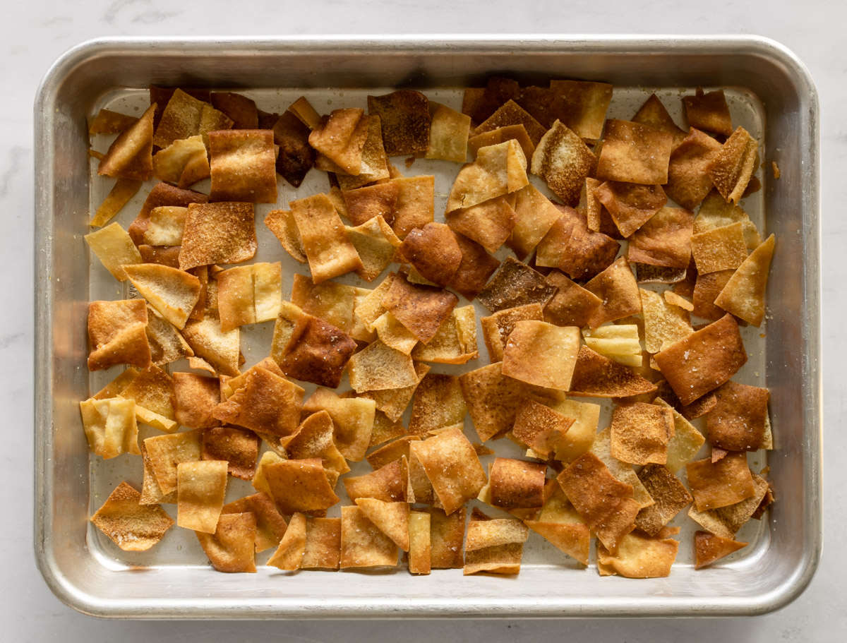 toasted pita chips after baking in the oven.